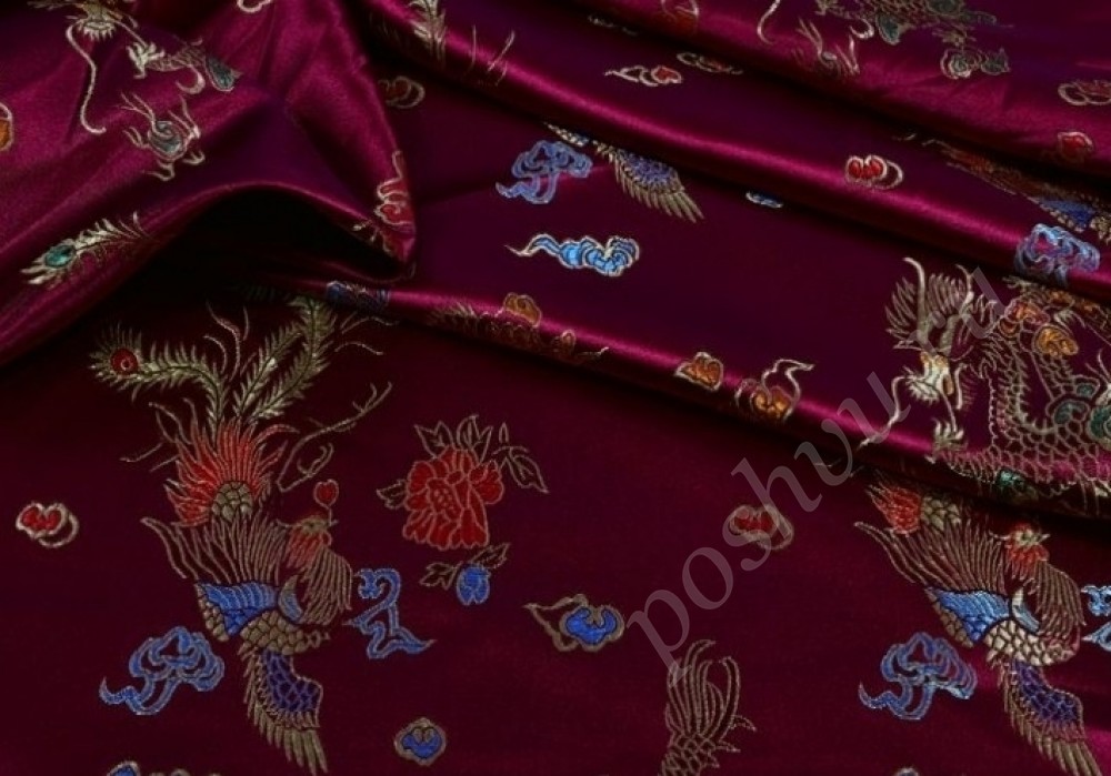 Китайский шёлк бордового цвета с орнаментом