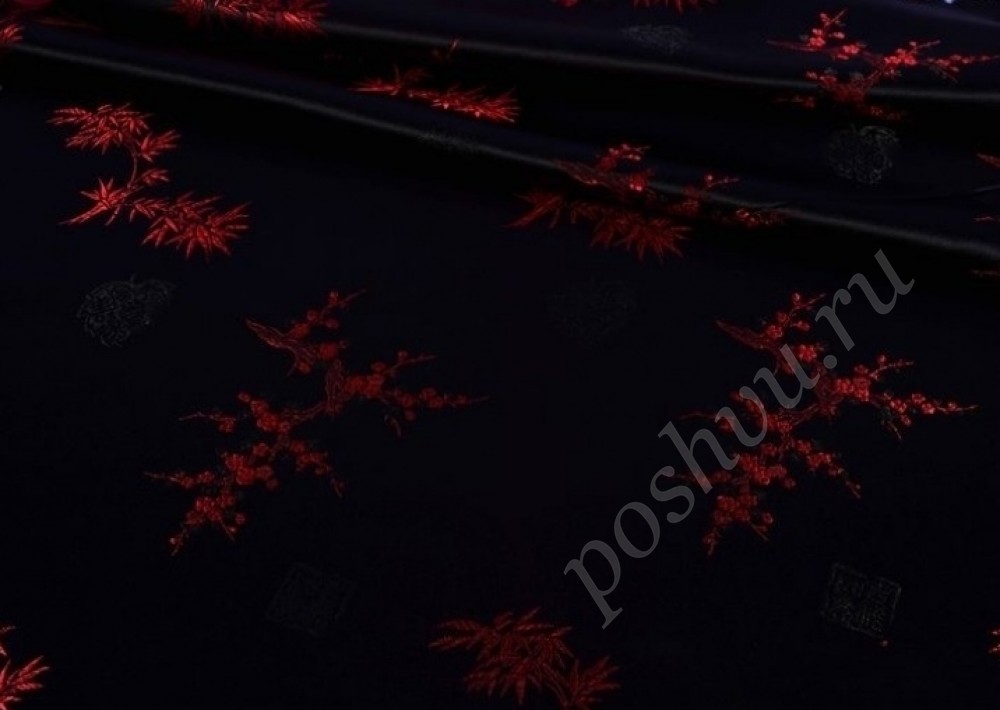 Китайский шёлк черного цвета с красным принтом