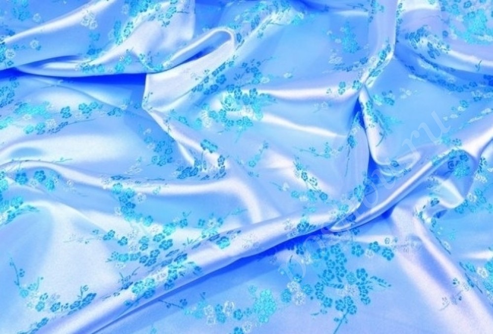 Китайский шёлк голубого цвета с цветами