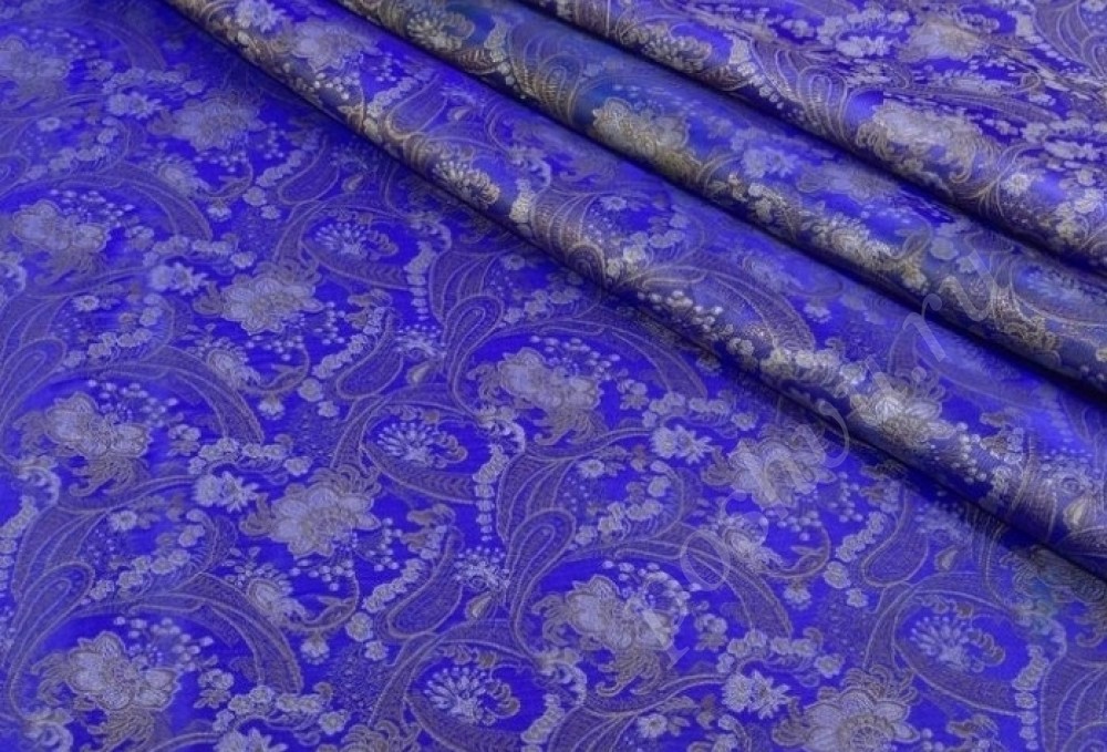 Китайский шёлк синего цвета с цветами
