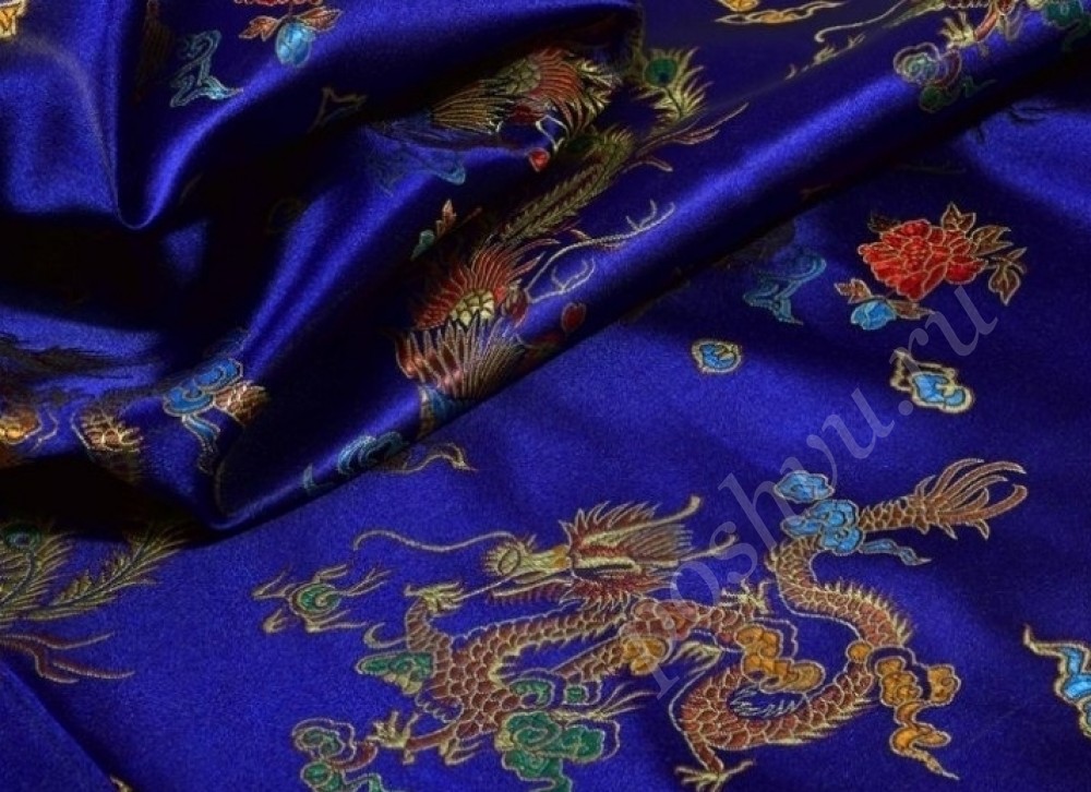 Китайский шёлк синего цвета с драконами