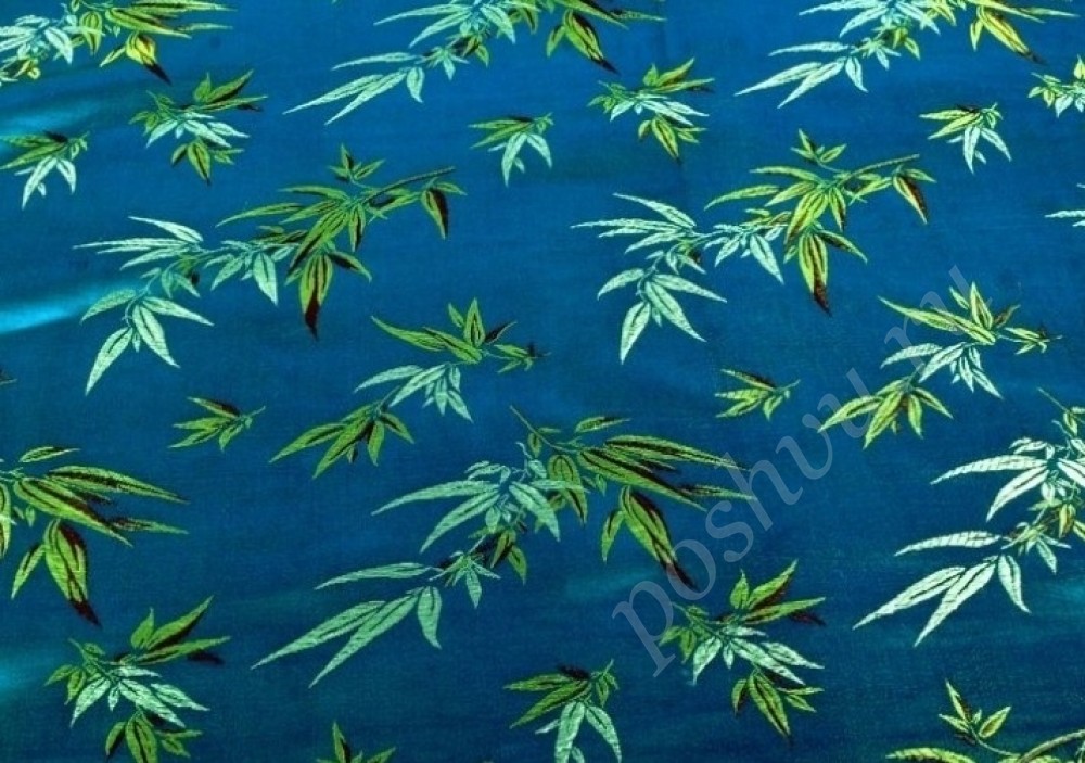 Китайский шёлк синего цвета с листьями