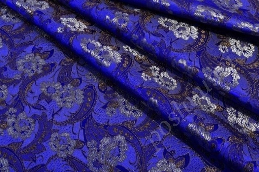 Китайский шёлк темно-синего цвета в цветы