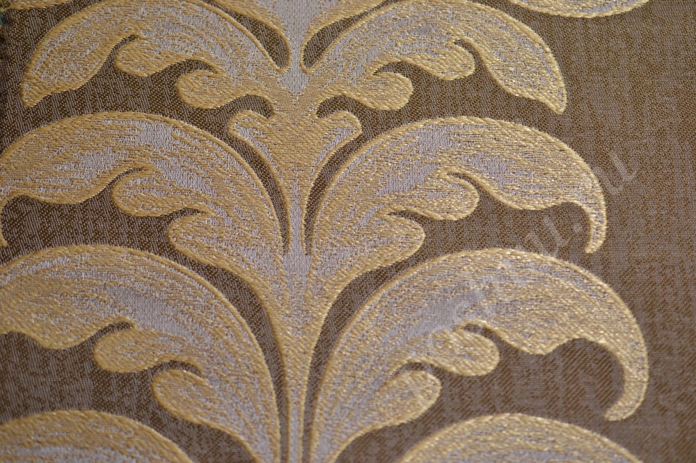 Ткань для штор жаккард коричневого оттенка в золотисто-белый узор
