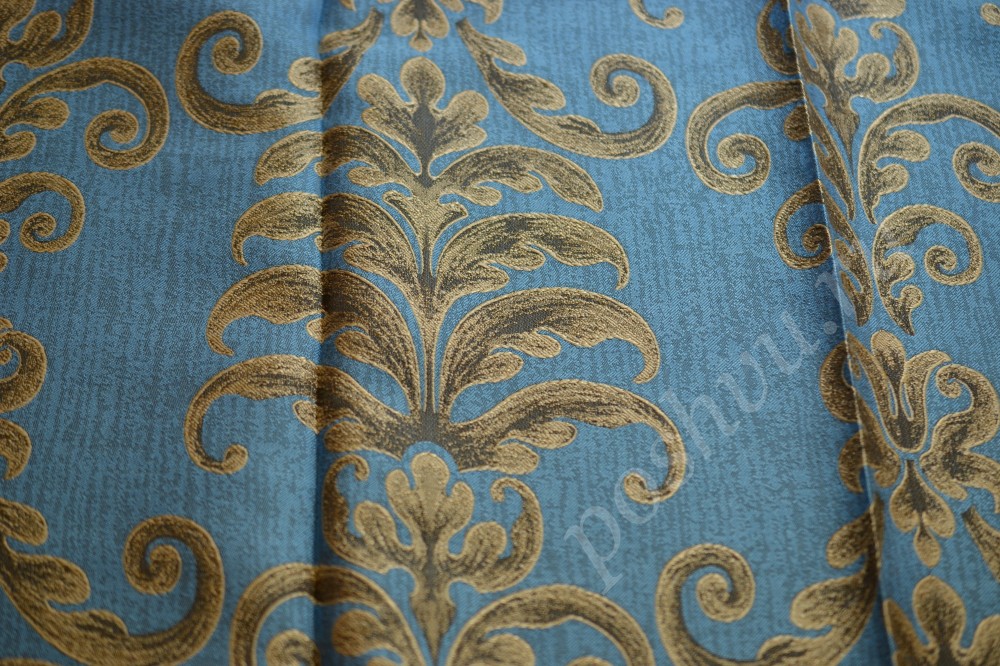 Ткань для штор жаккард синего оттенка с бежевым узором