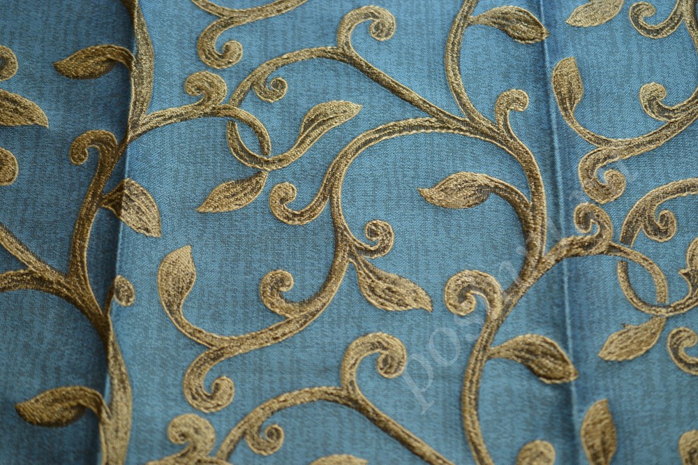 Жаккардовая ткань для штор синего оттенка с бежевым узором