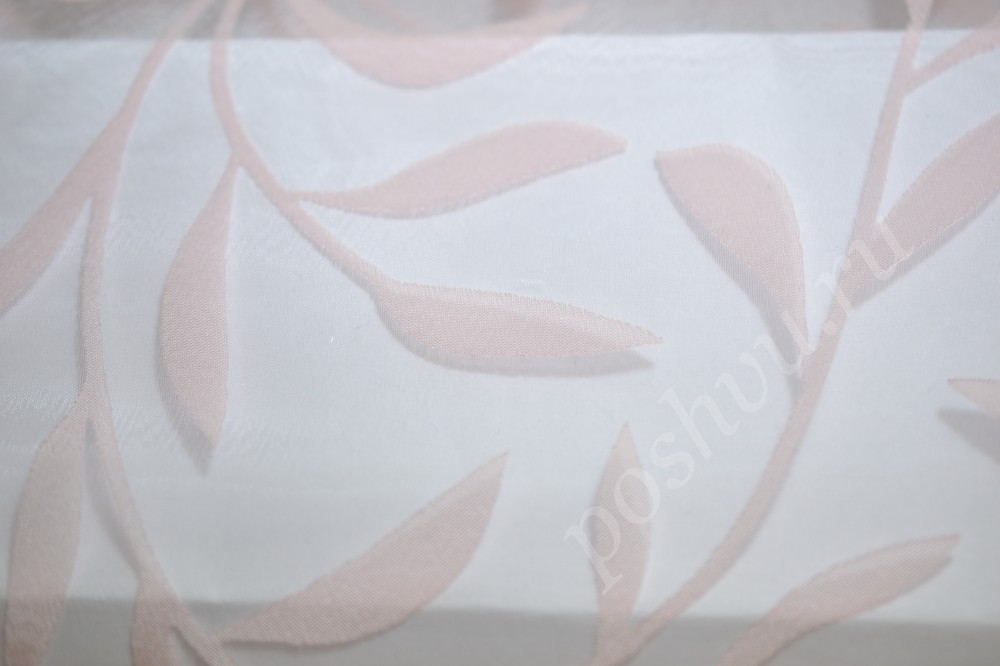 Ткань для штор органза белого оттенка с изящным розовым флористическим рисунком