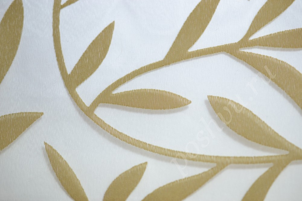 Ткань для штор органза белого оттенка с изящным бежевым флористическим рисунком