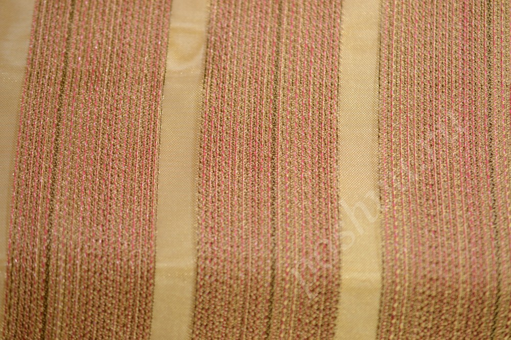 Ткань для штор органза бежевого оттенка в коричневато-красную полоску