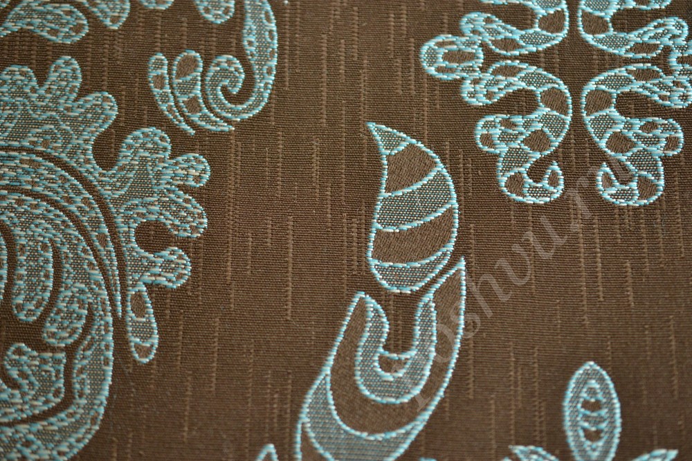 Ткань для штор коричневого цвета в голубой орнамент