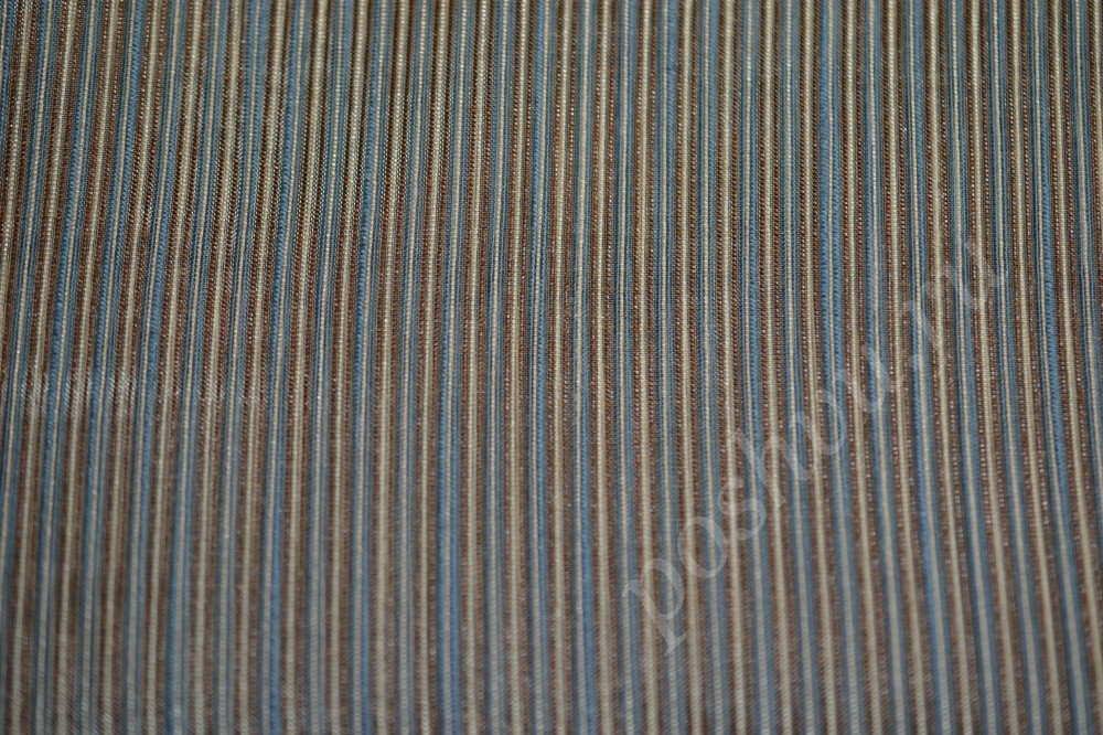 Ткань для штор органза в тонкую полоску синего, коричневого и бежевого оттенков
