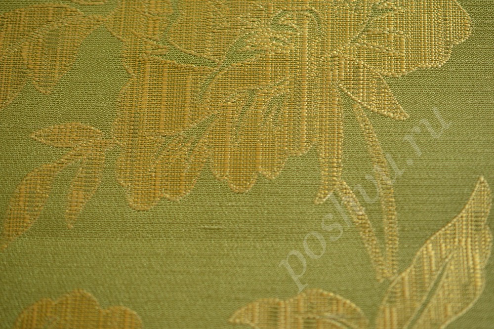 Ткань для штор жаккард оливкового цвета в флористический узор