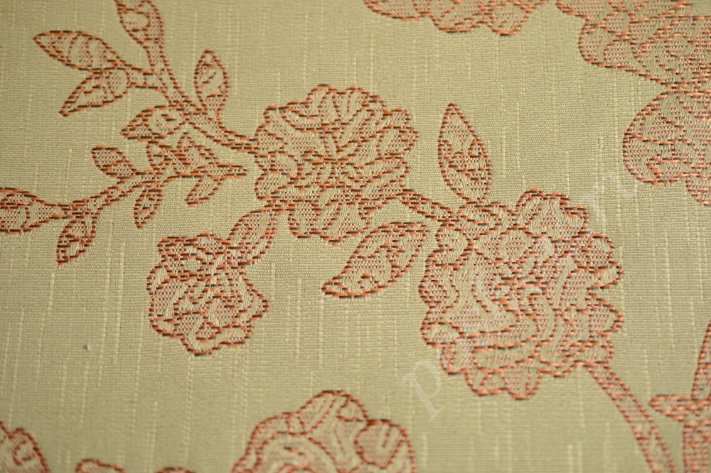 Ткань для штор жаккард палевого цвета в красный флористический узор