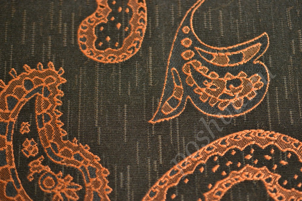 Ткань для штор жаккард черного цвета в огуречный узор оранжевого оттенка