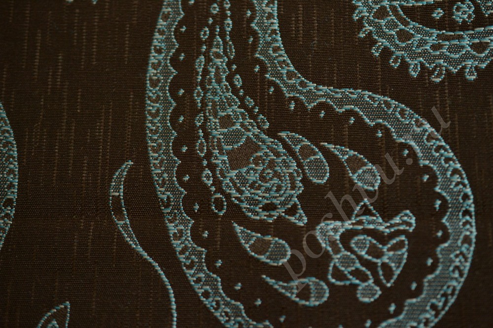 Ткань для штор жаккард коричневого цвета в огуречный узор голубого оттенка