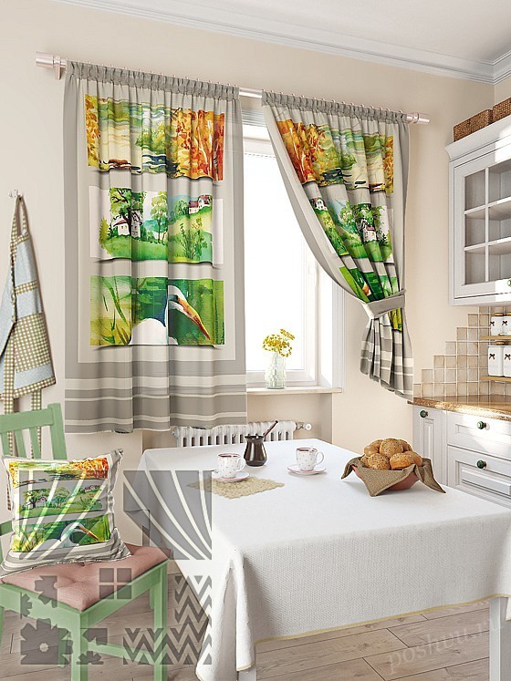 Красочный комплект штор для кухни с иллюстрациями на тему природы