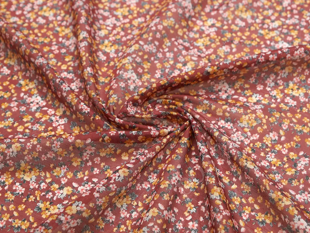 Блузочная ткань с мелкими цветочками на бордовом фоне