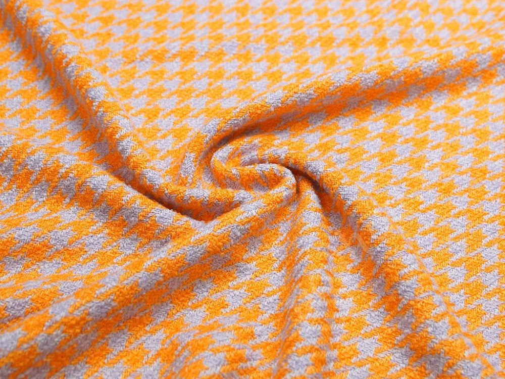 Костюмная двухсторонняя ткань оранжево-лилового цвета в гусиную лапку