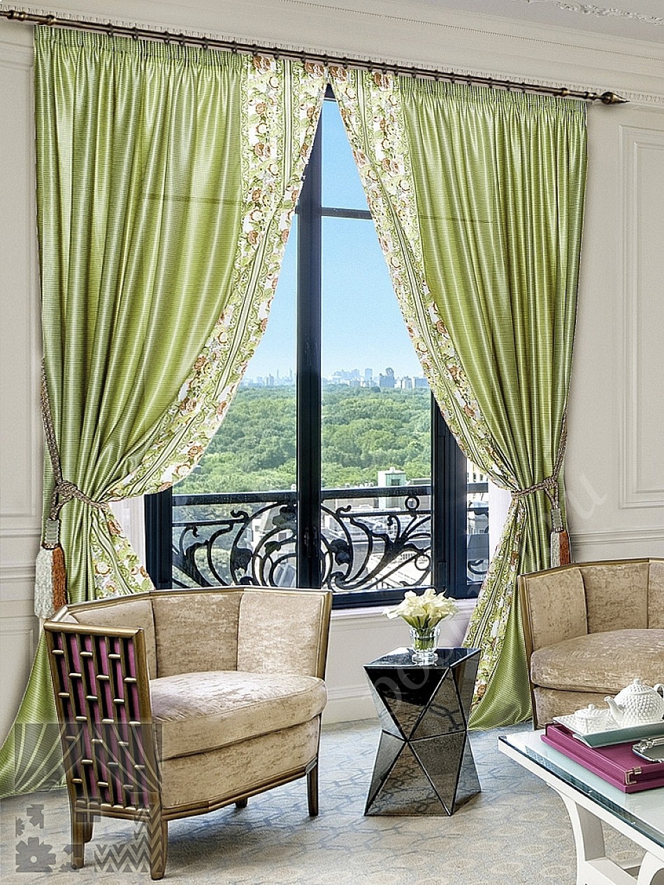 Элегантный комплект готовых штор оливкового цвета с декоративной отделкой для гостиной или спальни