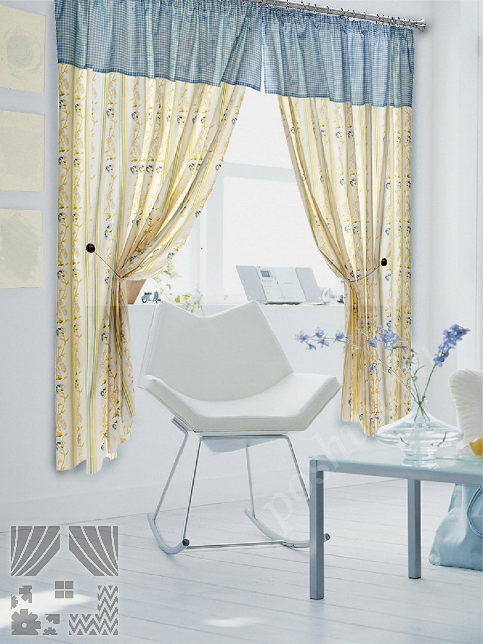Изящный комплект готовых штор в желто-голубых тонах в стиле прованс для гостиной или столовой