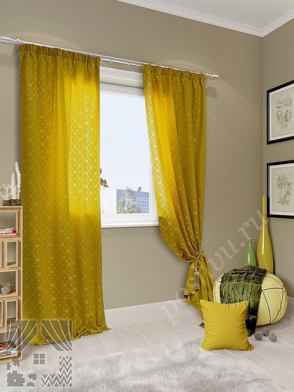 Изысканный комплект готовых штор в горчичных тонах с золотым узором для гостиной или кабинета