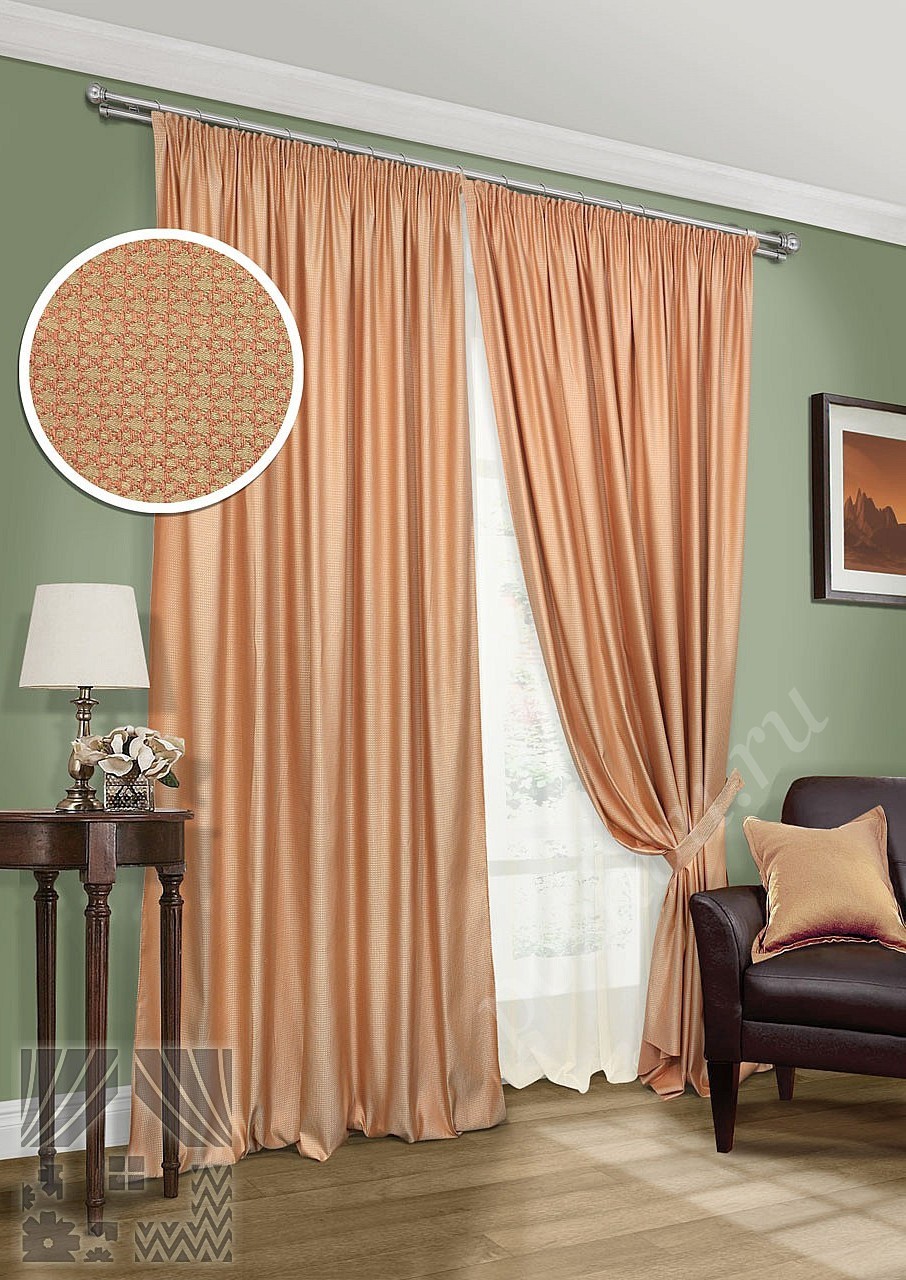 Комплект однотонных готовых штор с интересной фактурой терракотового цвета для гостиной или спальни