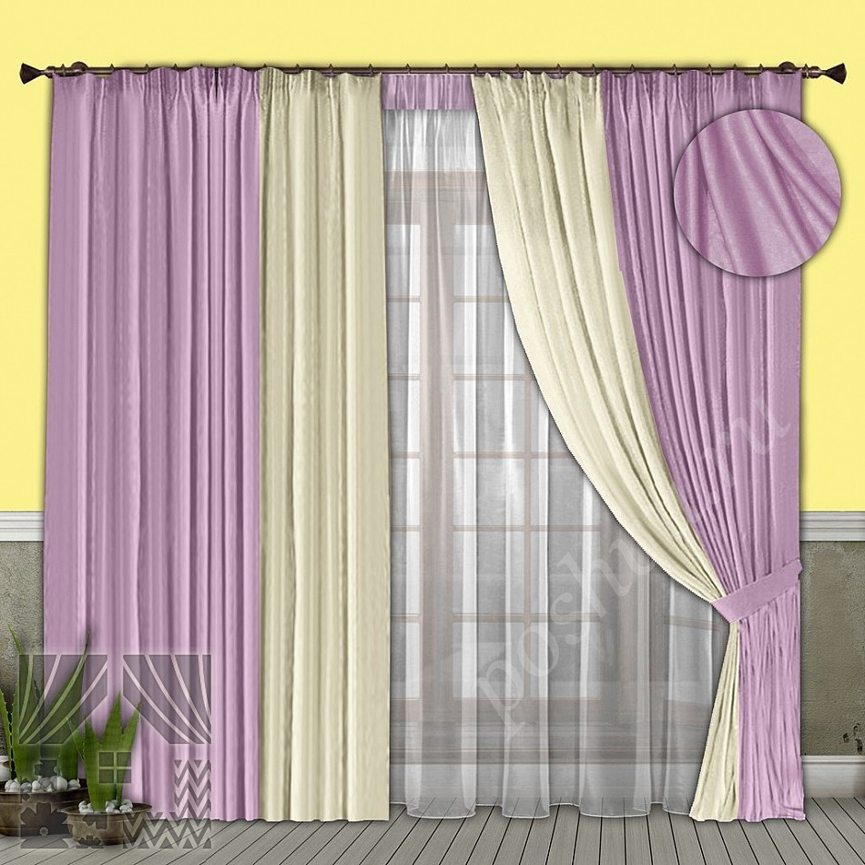 Нежный комплект готовых штор сиреневого цвета с блеском и тюлем для гостиной или спальни
