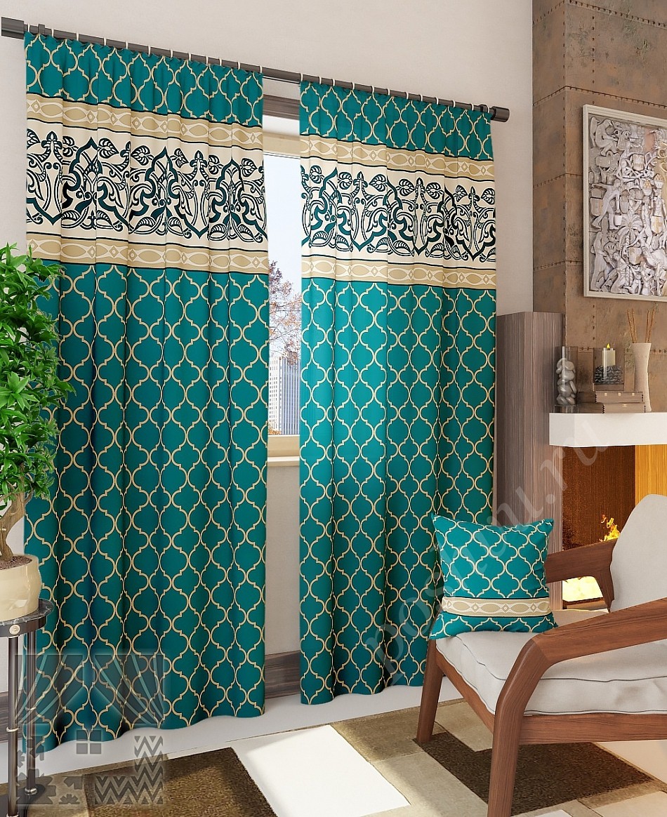 Оригинальный комплект готовых штор изумрудного цвета с марокканским узором для гостиной или кабинета