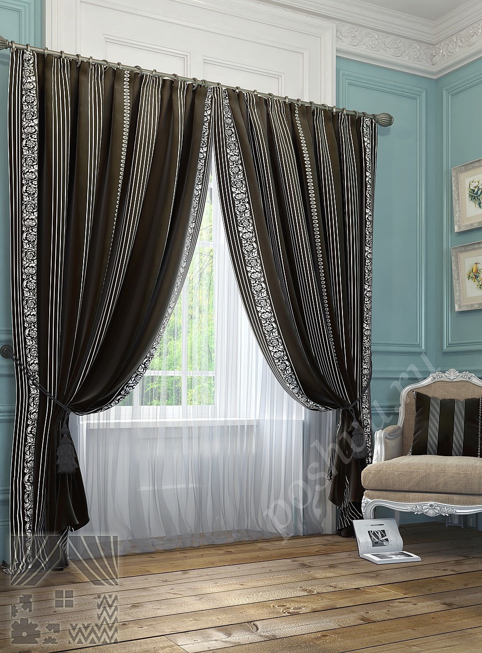 Респектабельный комплект готовых штор черного цвета с белым классическим узором для гостиной