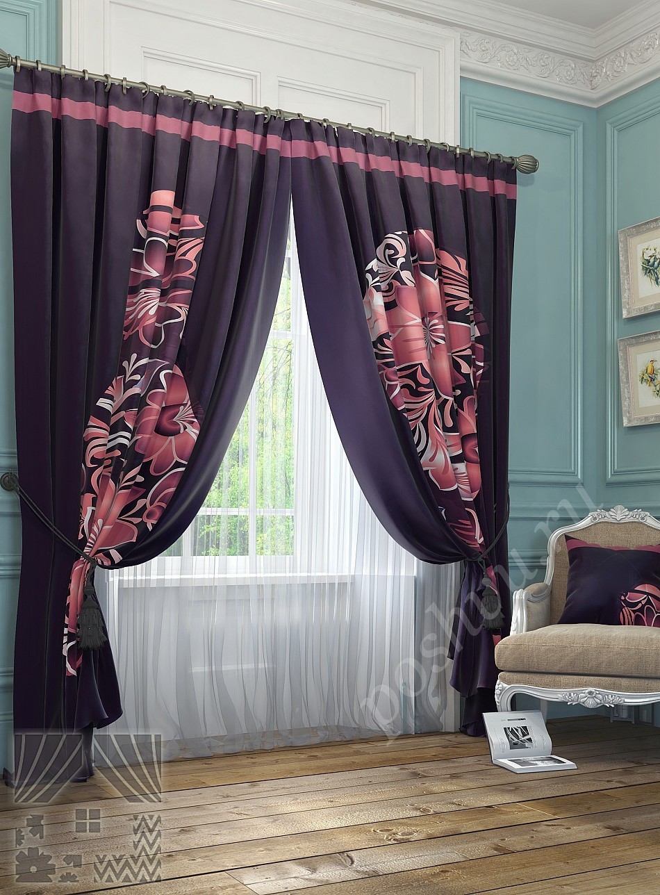 Романтичный комплект готовых штор фиолетового цвета с розовым цветочным рисунком для гостиной или спальни