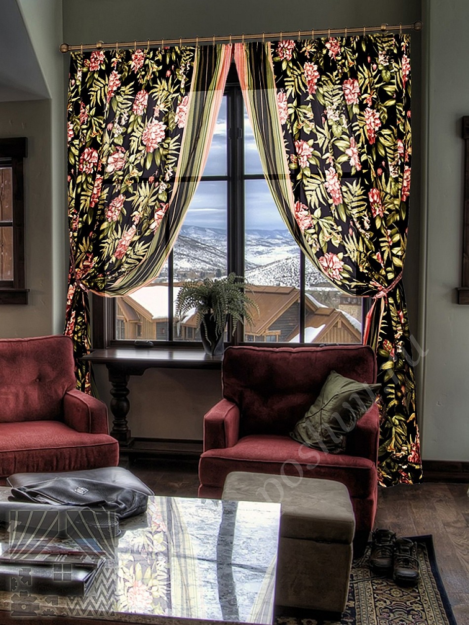 Стильный комплект готовых темных штор с ярким флористическим рисунком для гостиной или спальни