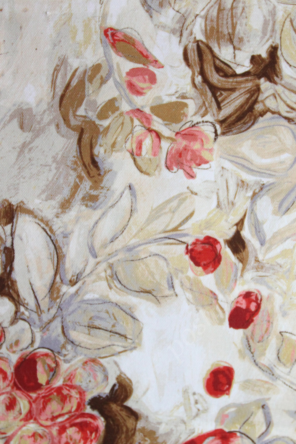 Портьерная ткань рогожка ADAM BC красные цветы с виноградом на бежевом фоне в стиле акварельной графики