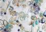 Портьерная ткань рогожка ADAM BC мелкие синие цветы с виноградом на сером фоне в стиле акварельной графики