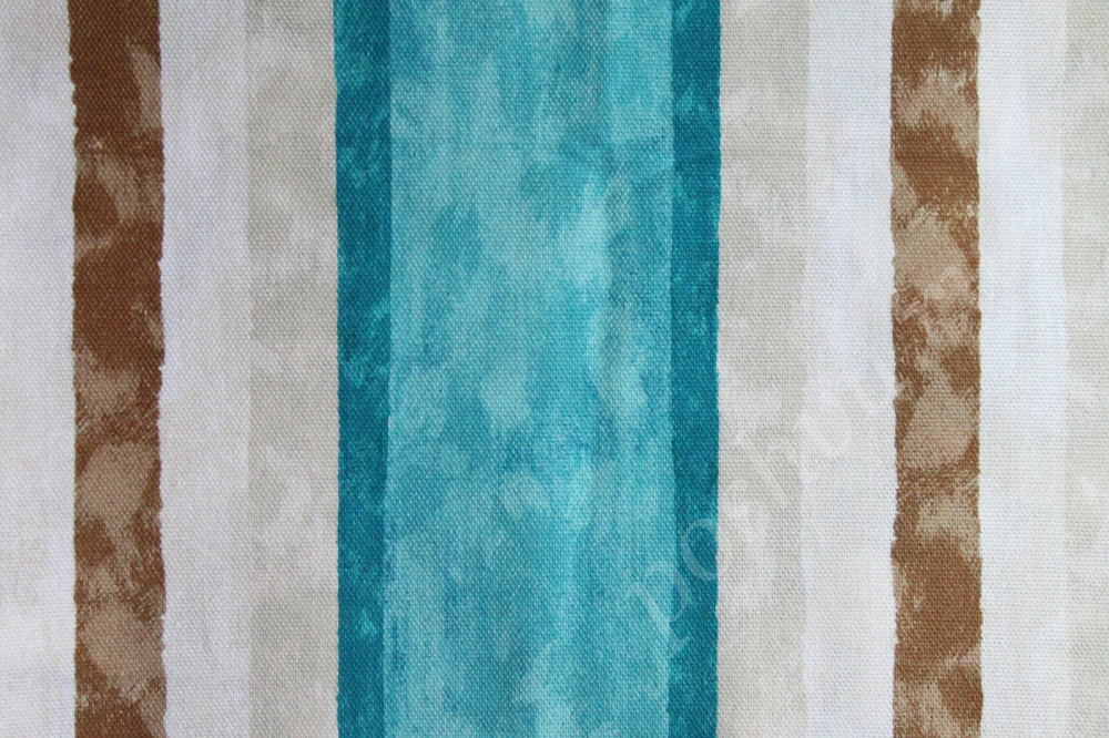 Портьерная ткань рогожка ADAM BC коричневые, бирюзовые, серые полосы разной ширины в стиле акварель