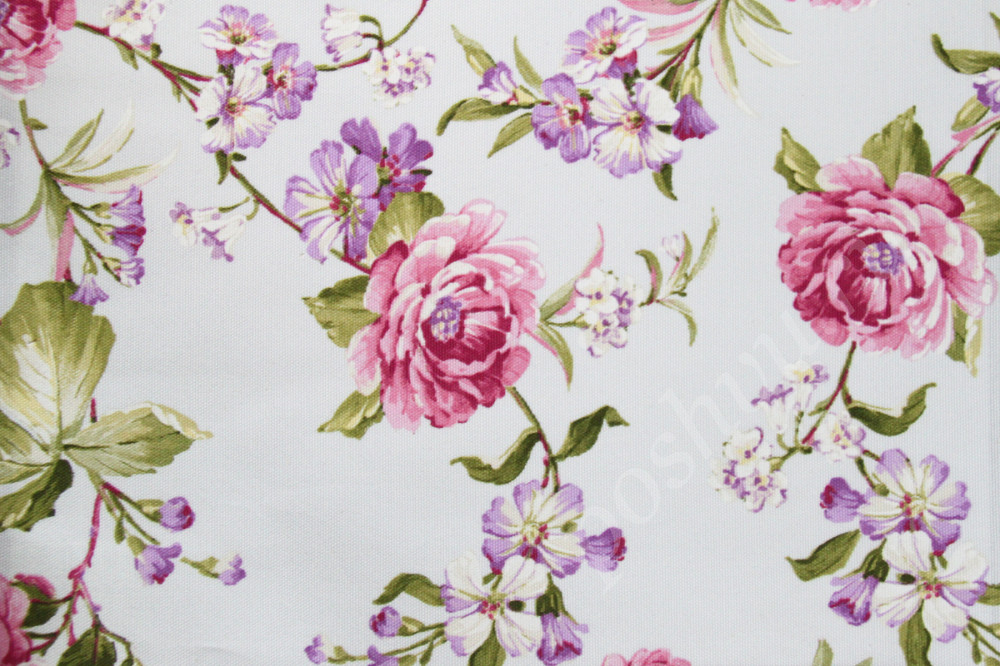 Портьерная ткань рогожка AGATA розовые цветы с мелкими лиловыми цветами