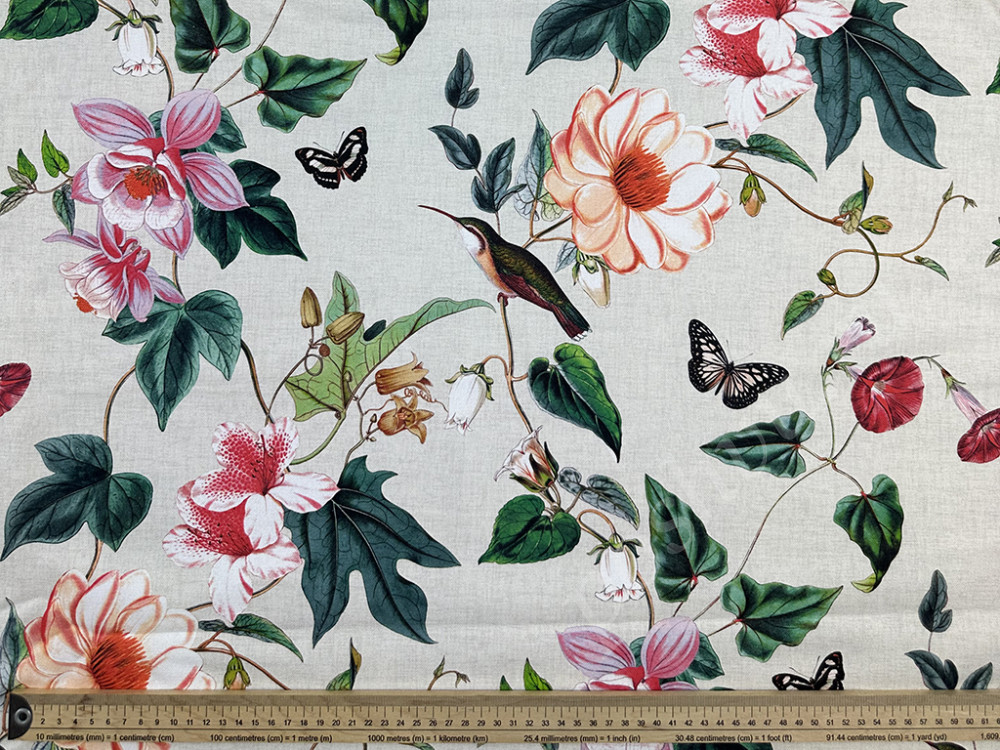 Портьерная ткань рогожка ALICE GARDEN разноцветные цветы на бежевом фоне