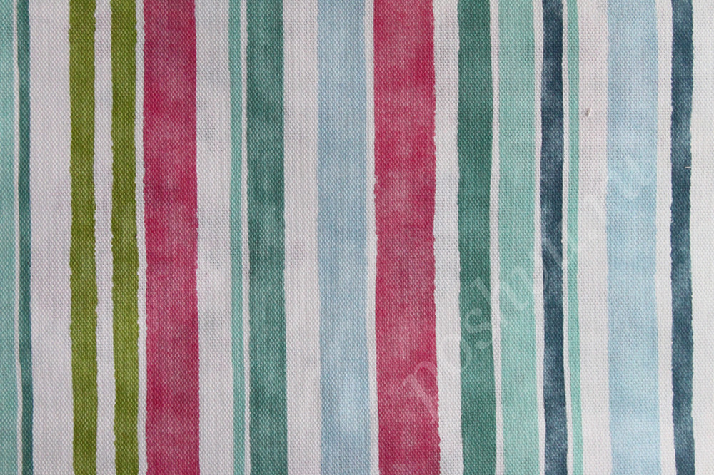 Портьерная ткань рогожка BELLAMI голубые, малиновые, зеленые полосы разной ширины в стиле акварель