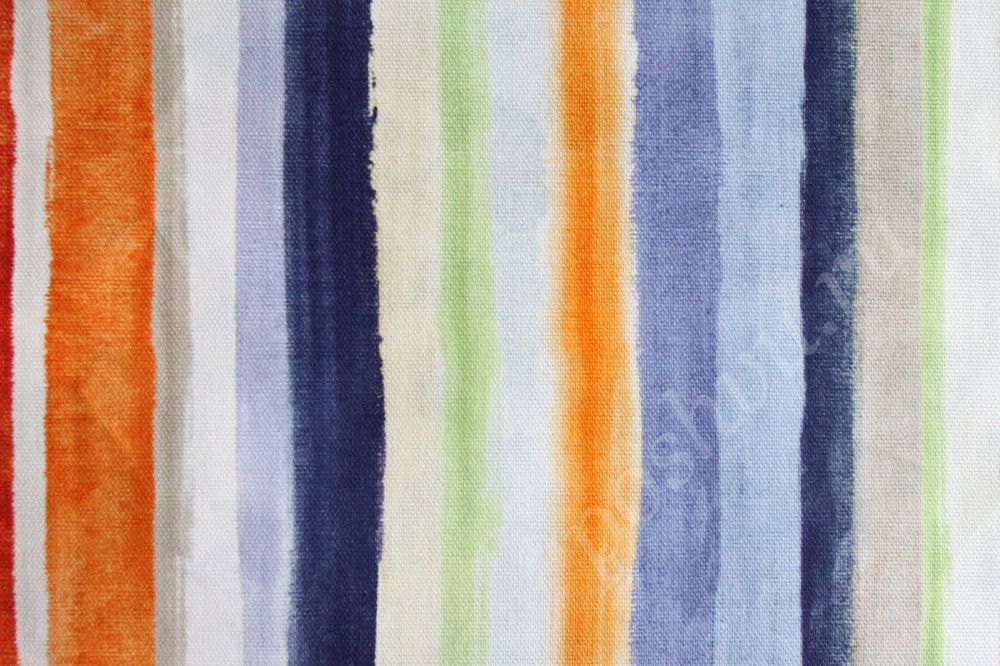 Портьерная ткань рогожка MONET оранжевые, синие, серые полосы разной ширины в стиле акварель