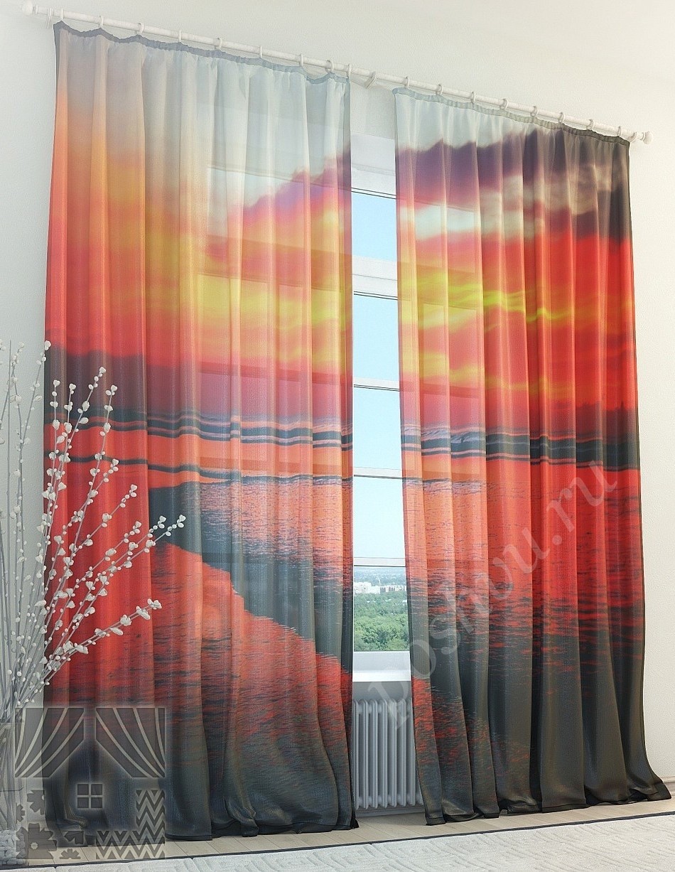 Красочный тюль с изображением морского заката для гостиной или спальни