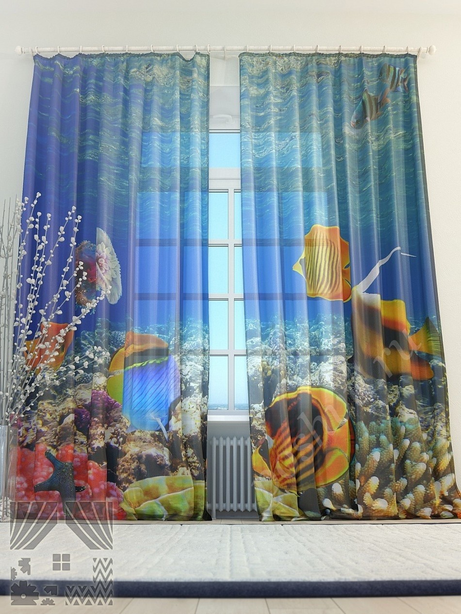 Красочный тюль с изображением подводного мира для гостиной или спальни