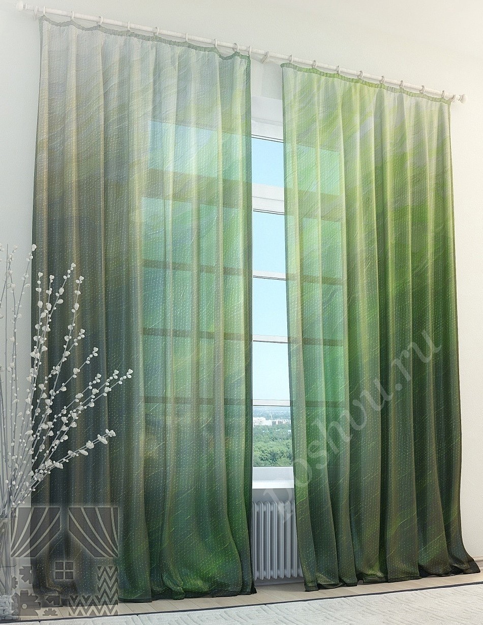 Легкий тюль с абстрактным рисунком в зеленых тонах для гостиной или спальни