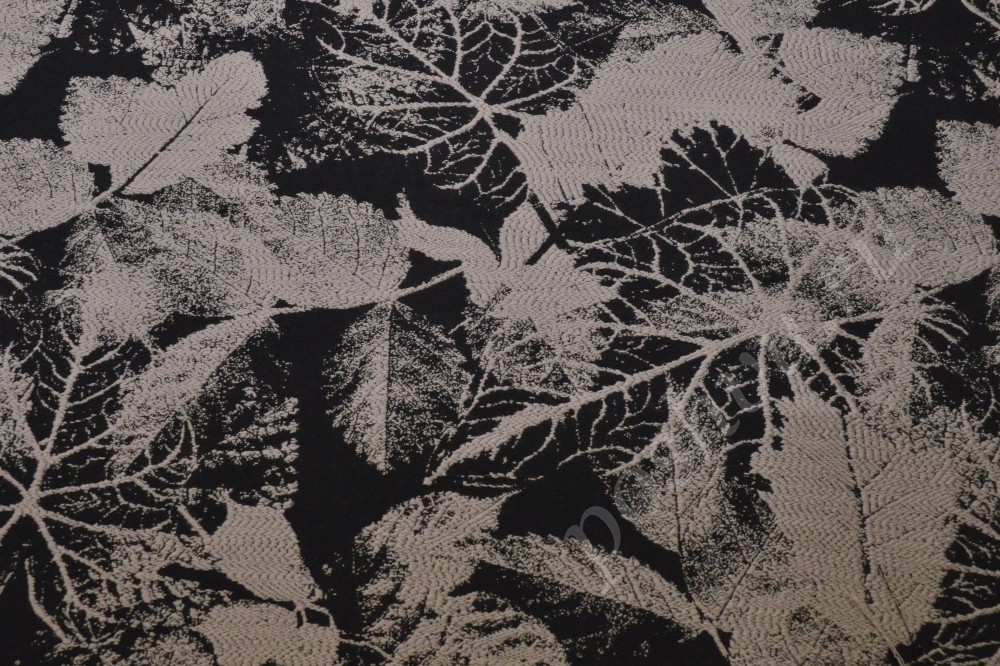 Ткань жаккард чёрного цвета с лиственным узором