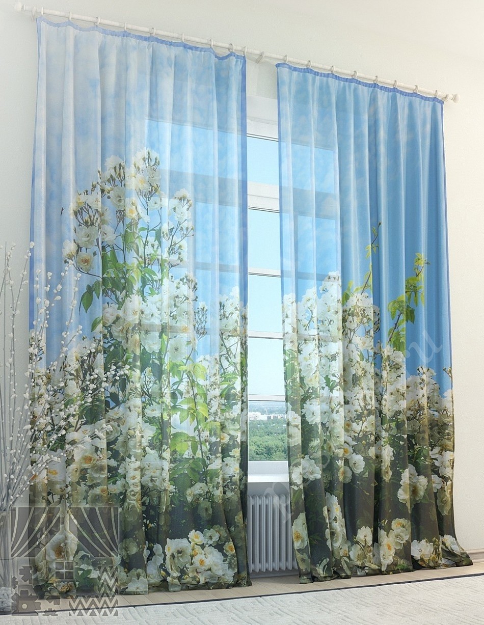 Роскошный тюль с изображением цветущего куста жасмина для гостиной или спальни
