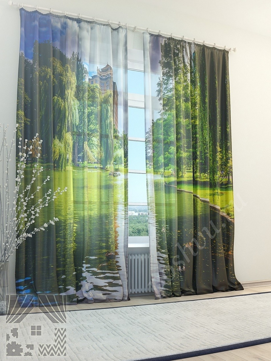 Солнечный тюль с изображением пруда в летнем парке для гостиной или спальни