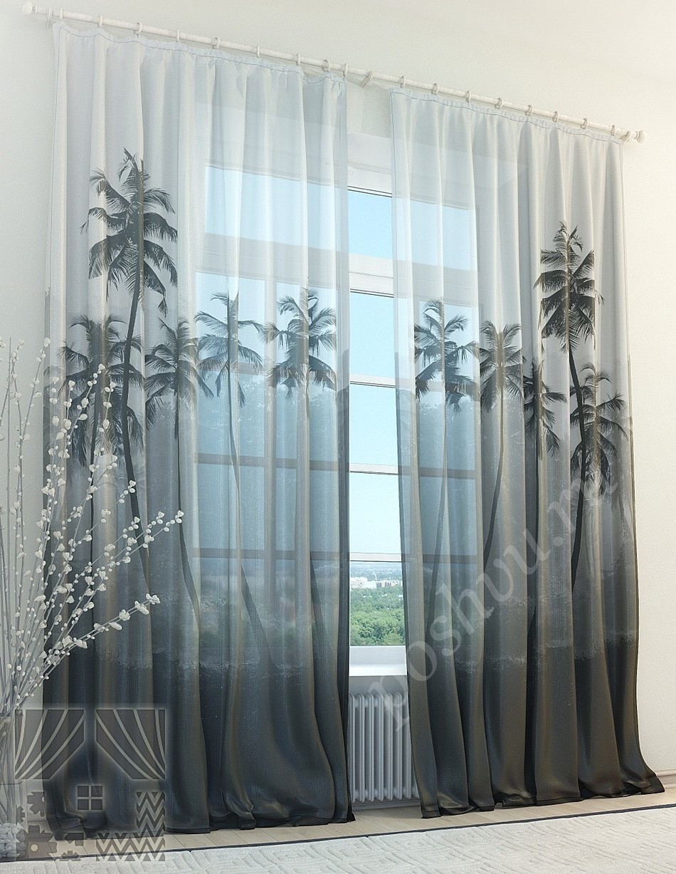 Стильный тюль с фотопечатью черно-белого изображения пальм для гостиной или спальни