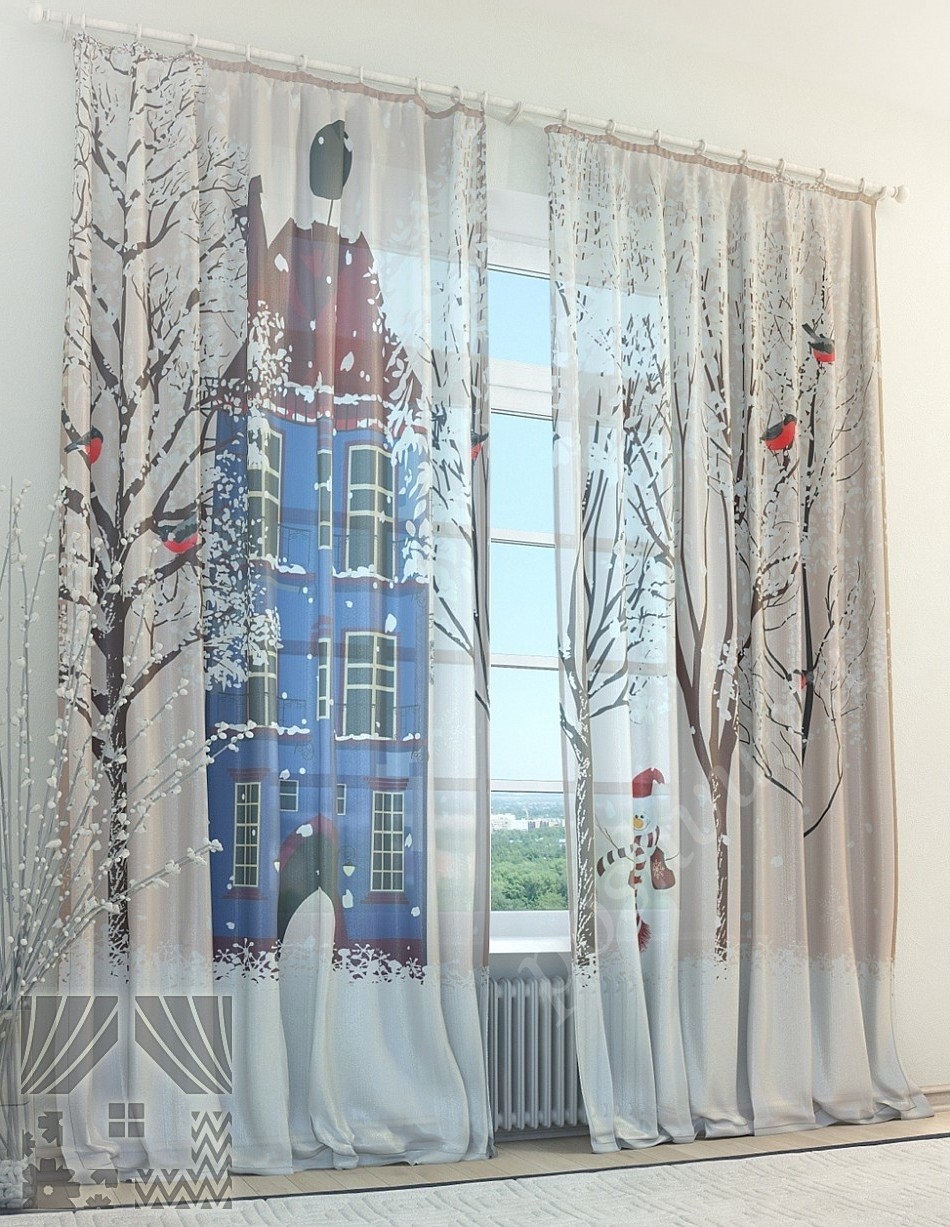 Забавный тюль с изображением зимнего двора в стиле открытки для гостиной или детской