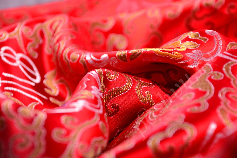 Ткань красный китайский шёлк с цветочным принтом
