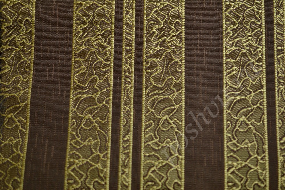 Ткань для штор жаккард в коричневые полосы и узор оливкового оттенка
