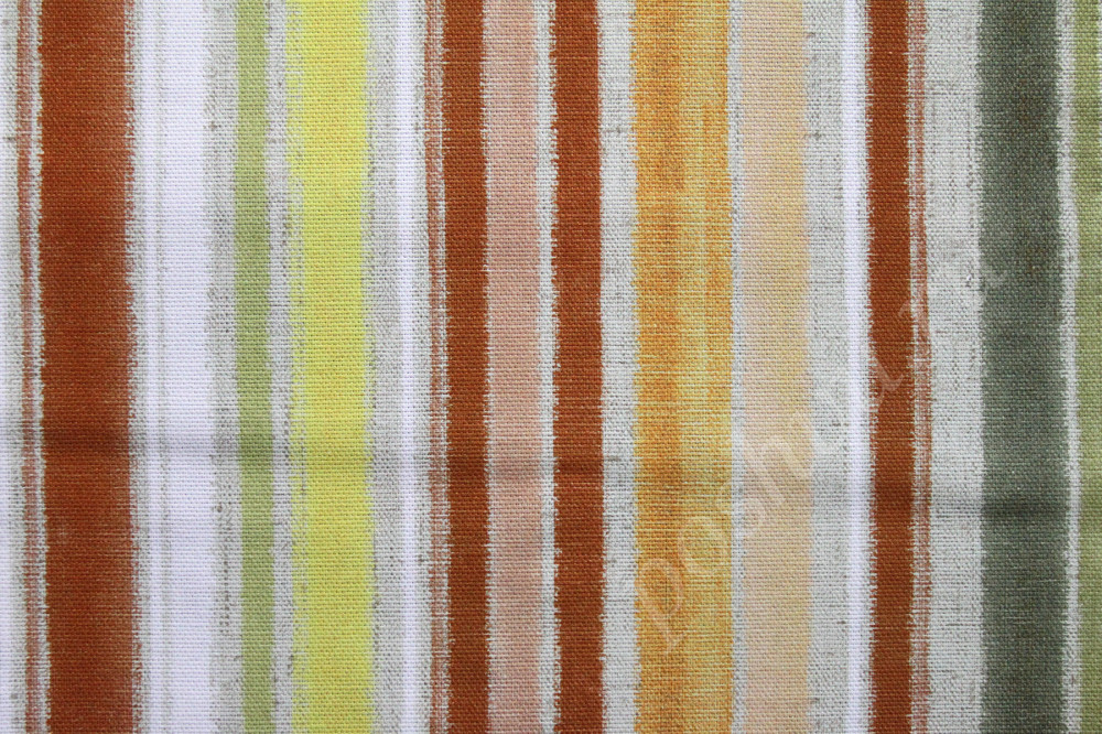 Портьерная ткань рогожка CATALINA коричневая, желтая, зеленая полосы разной ширины в акварельном стиле