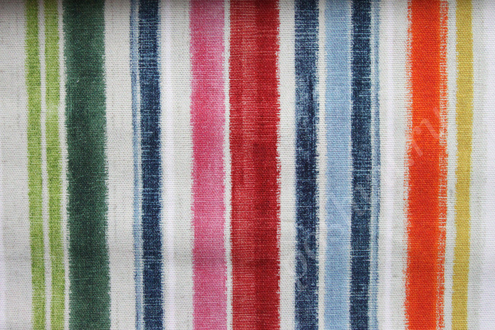 Портьерная ткань рогожка CATALINA красные, зеленые, синие полосы разной ширины в акварельном стиле
